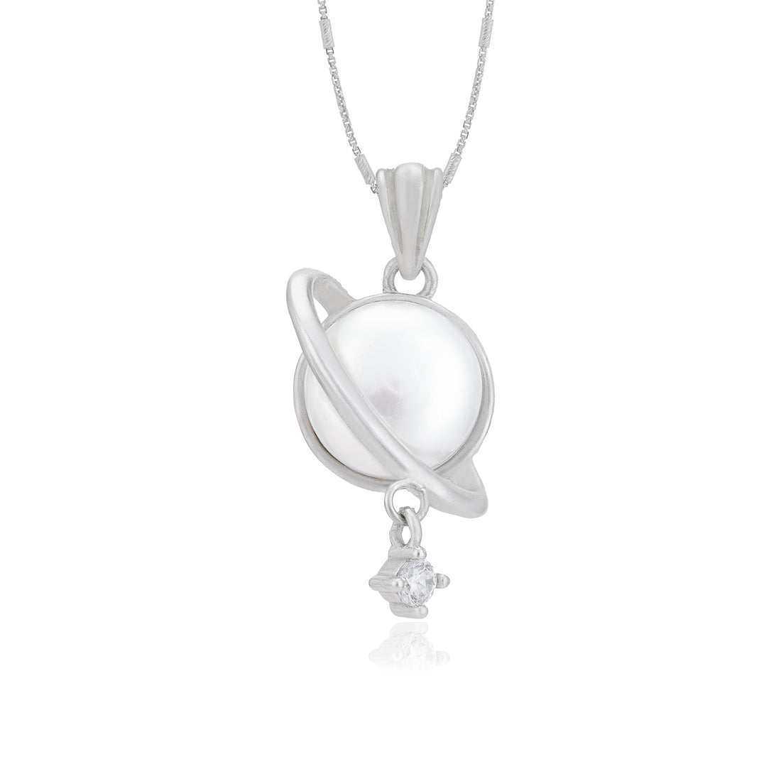 925 Saturn Pearl Rhodium Plated Stone Drop Pendant 
