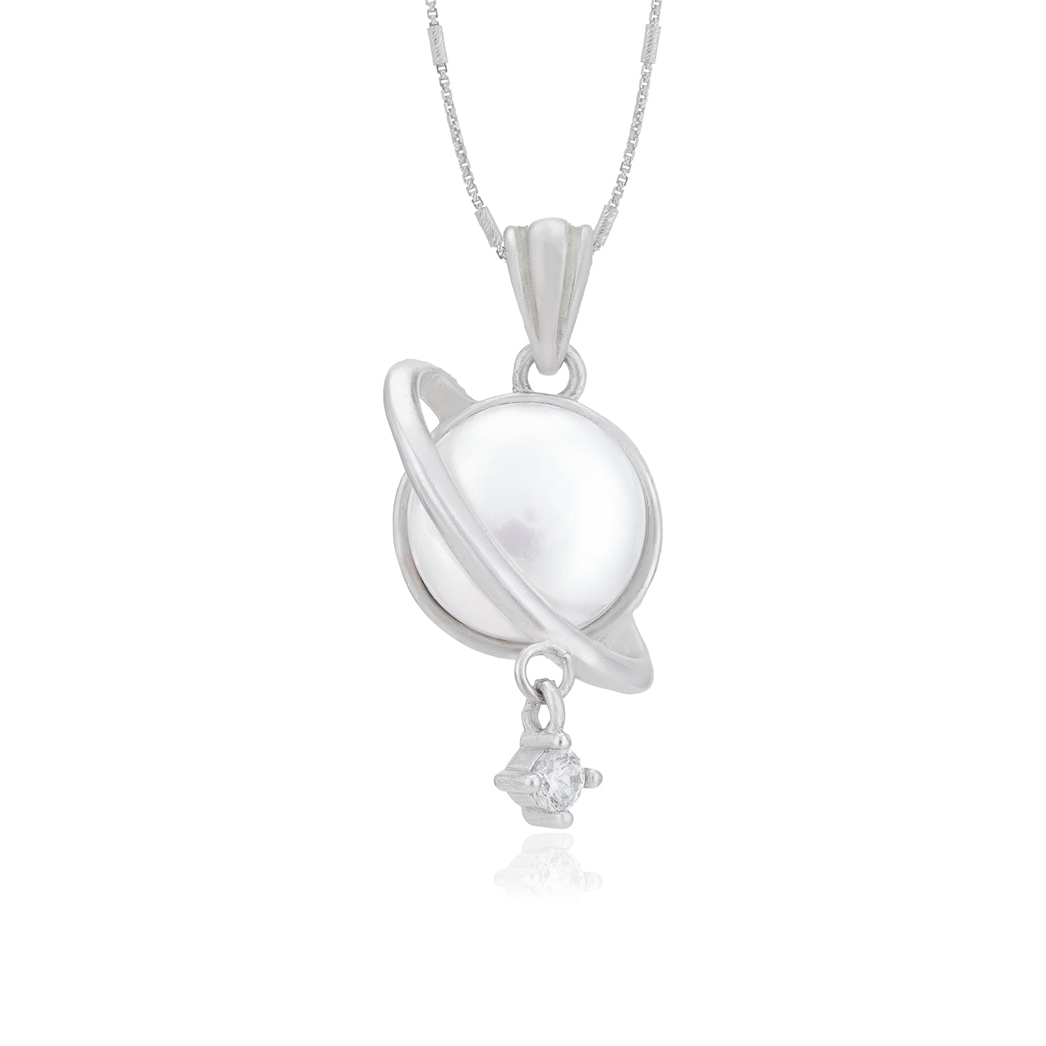 925 Saturn Pearl Rhodium Plated Stone Drop Pendant 

