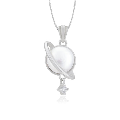 925 Saturn Pearl Rhodium Plated Stone Drop Pendant 
