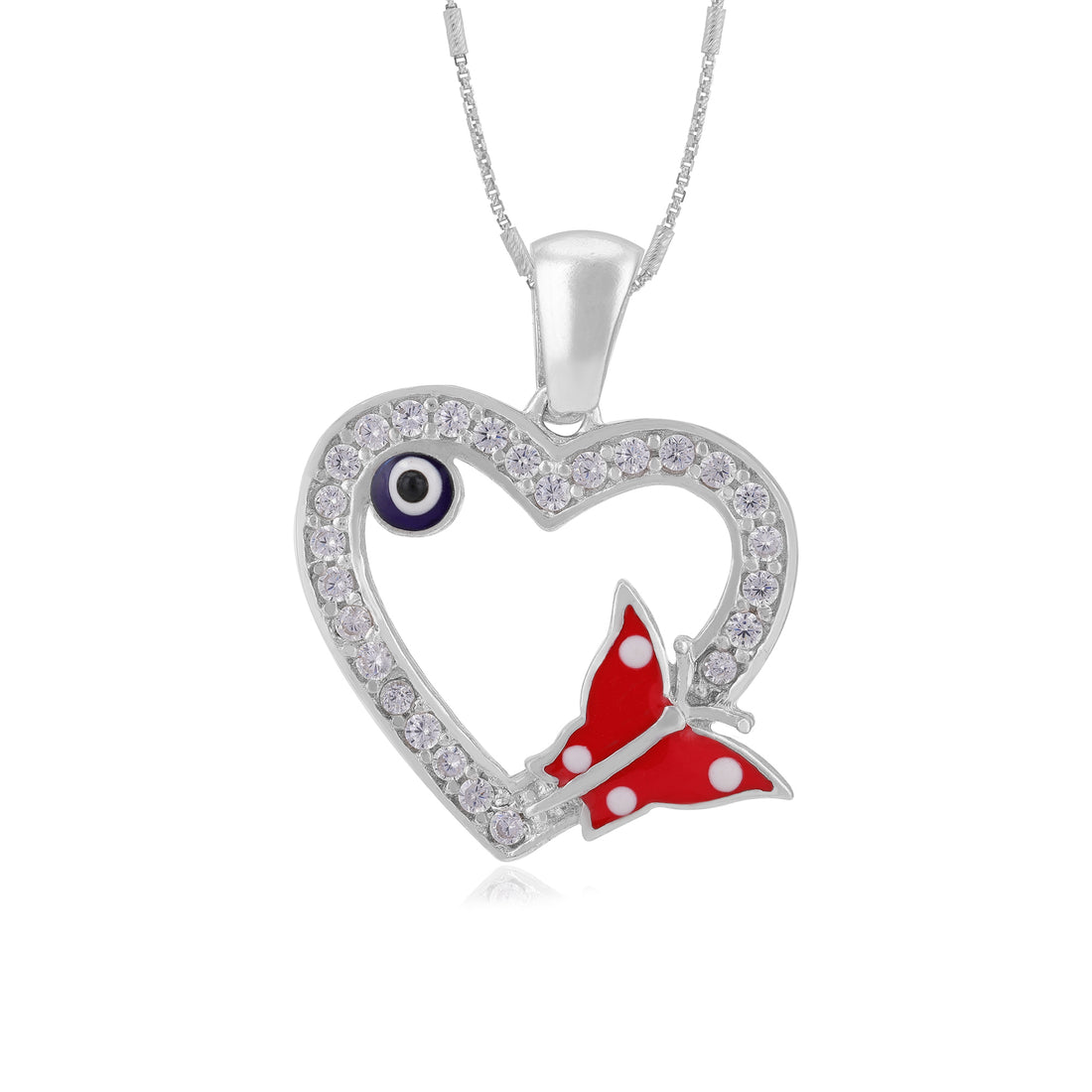 Scarlet Butterfly 925 Rhodium Plated Evil Eye Infused Heart Pendant