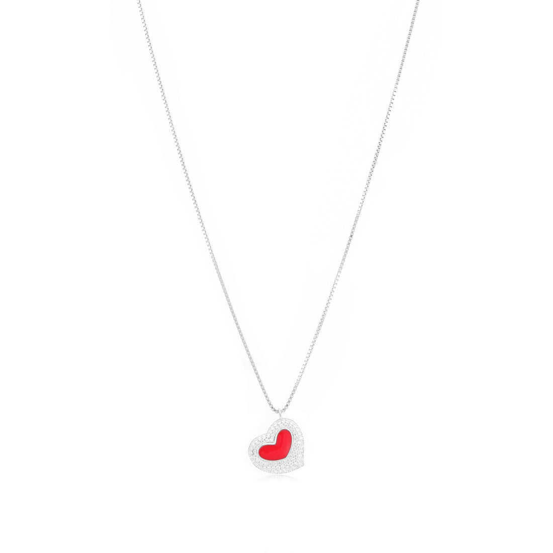 Shimmering Heart Rhodium Plated Centred Red Heart Chain Pendant
