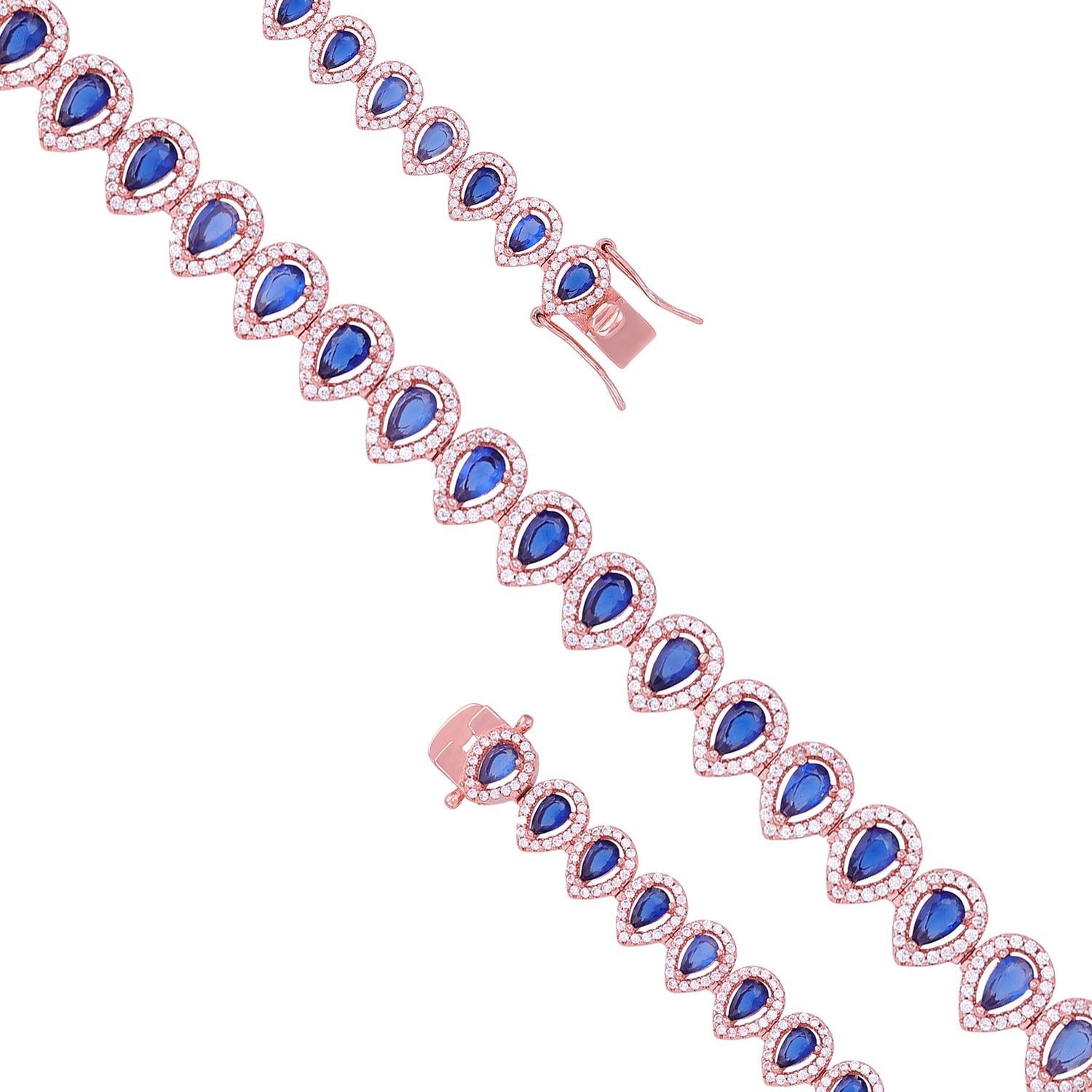 925 Sterling Silver Blue Sapphire Teardrop Illusion Sparkling Rose Gold Plated Bracelet for Women
