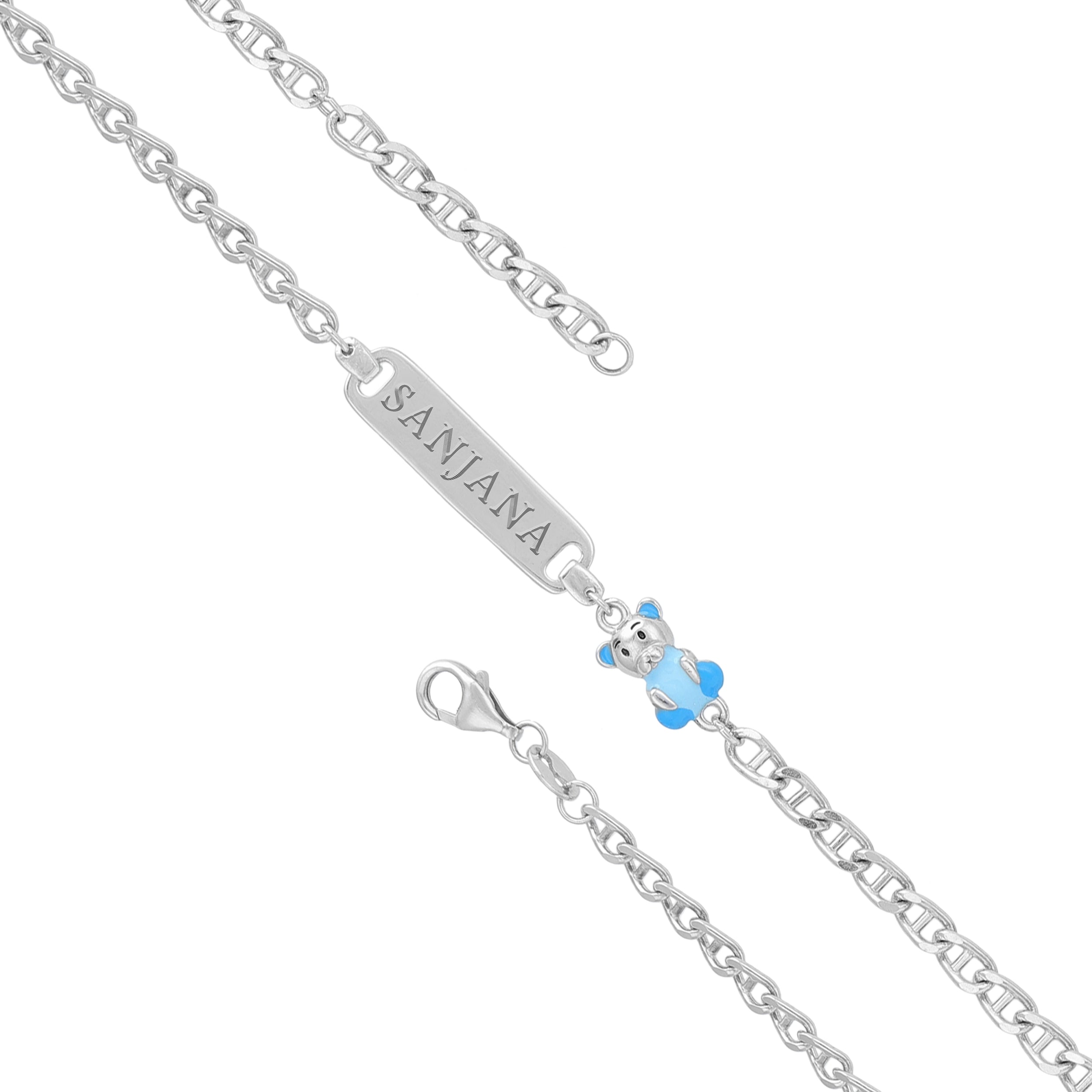 925 Sterling Silver Blue Teddy Bear Nameplate Bracelet for Women