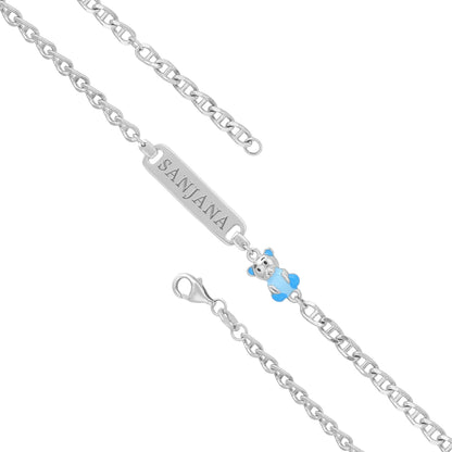 925 Sterling Silver Blue Teddy Bear Nameplate Bracelet for Women