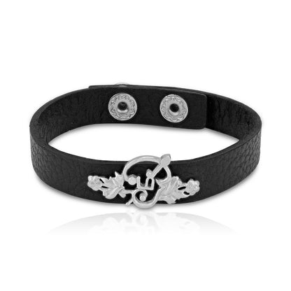 925 Silver Divine OM Calligraphy Curved Leaf Details Black Strap Bracelet for Men