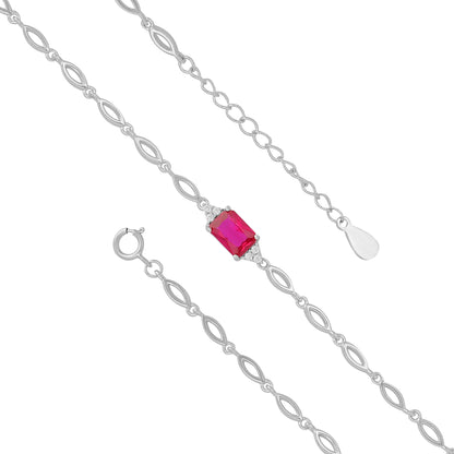 925 Sterling Silver July Month Square Ruby Birthstone Bracelet For Women