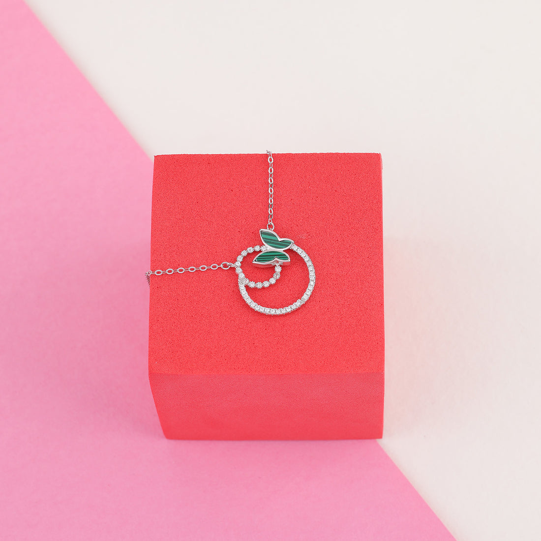 925 Sterling Silver Rhodium Plated Green Butterfly Halo Pendant Chain and Earrings For Women