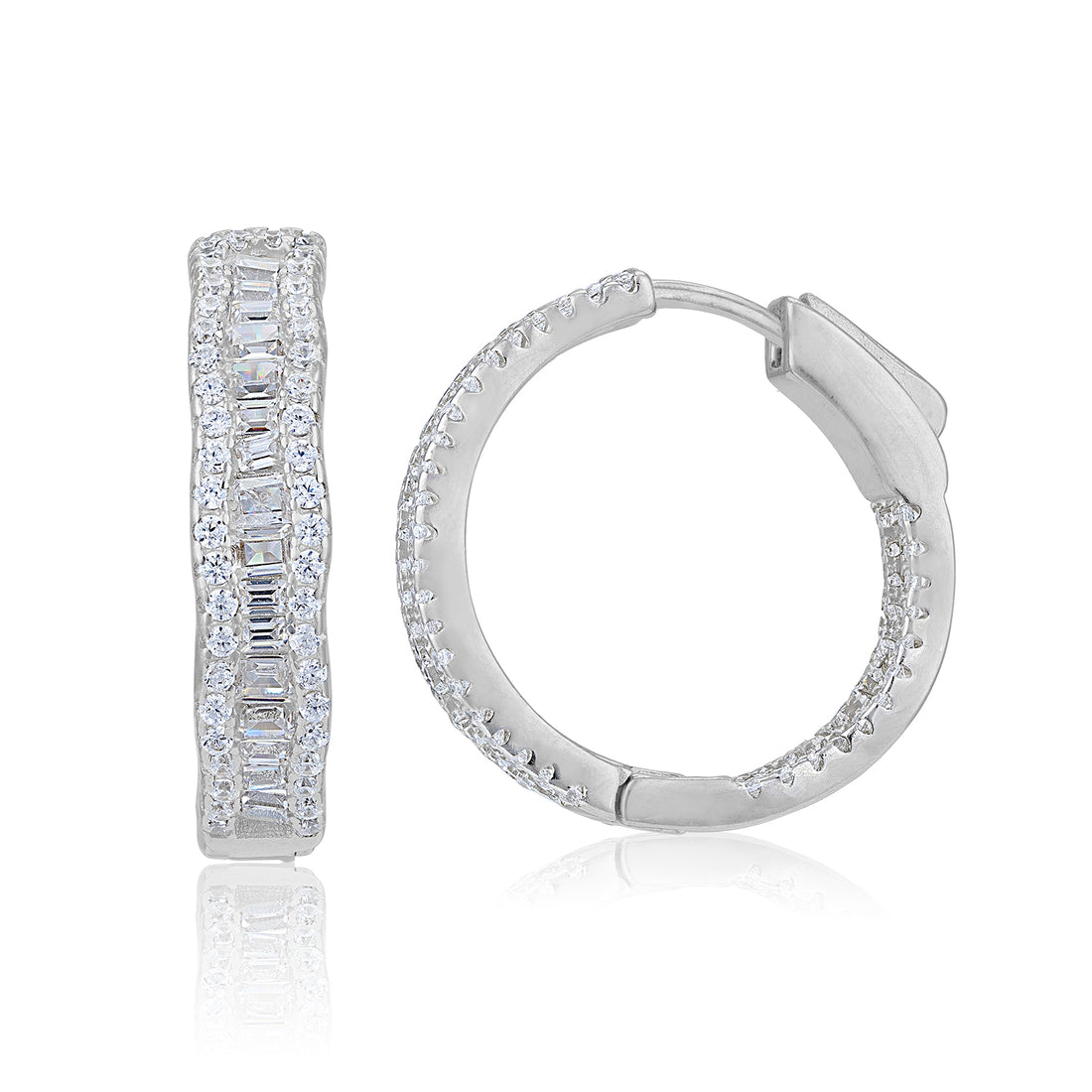 925 Sterling Silver Rhodium Plated Sparkling Twin Track Baguette Cut Eternity Earring for Women