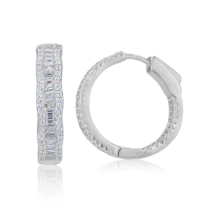 925 Sterling Silver Rhodium Plated Sparkling Twin Track Baguette Cut Eternity Earring for Women