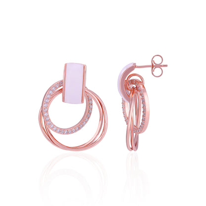 Rose gold hoop earrings with small diamonds on a white background