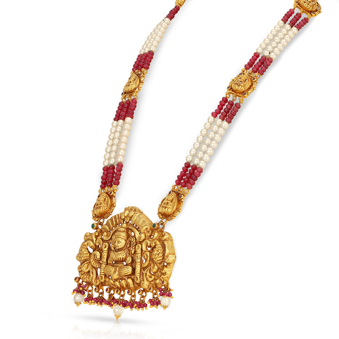 Gold necklace with a large pendant featuring a deity, surrounded by pearls and red beads on a white background.