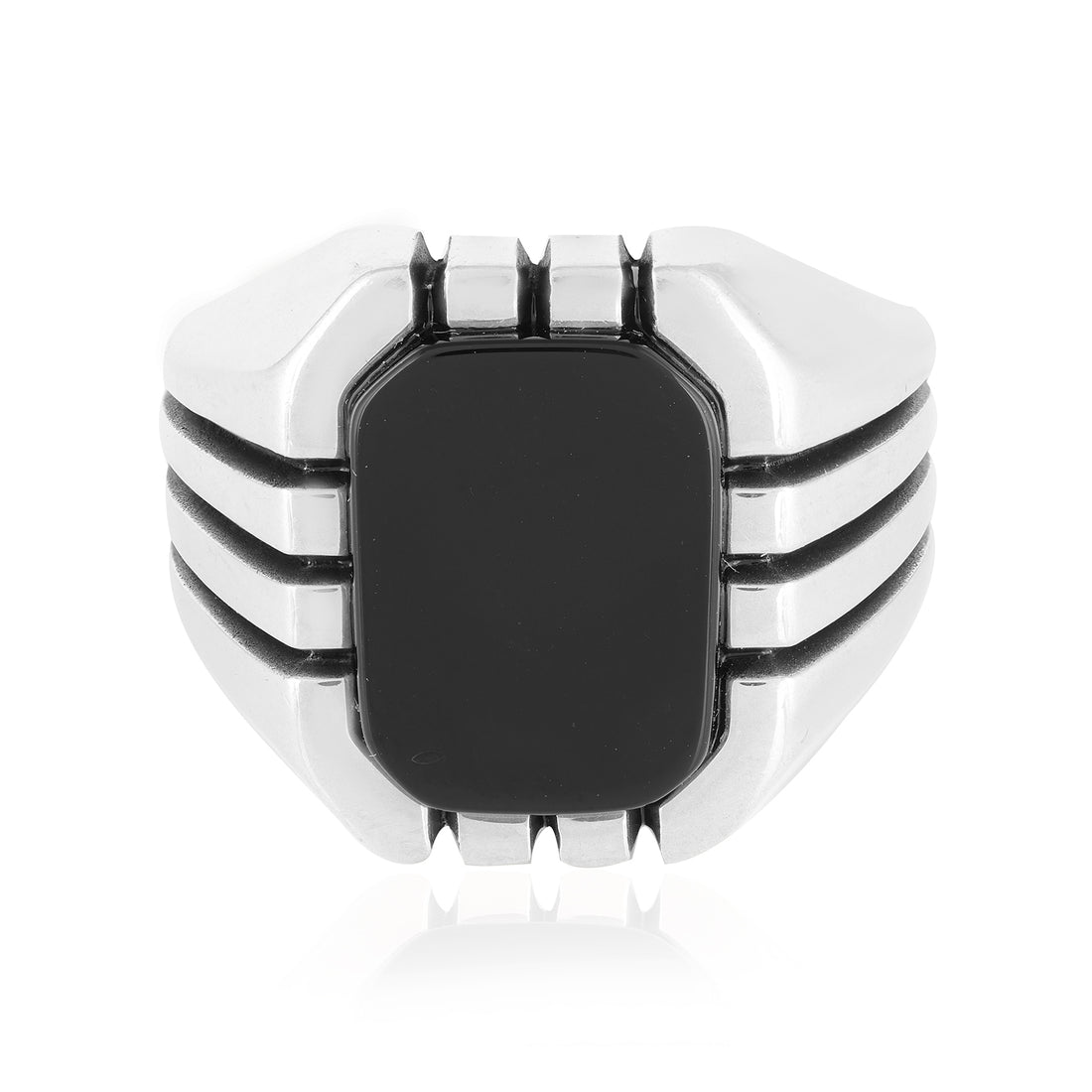 925 Steel Striped Octagonal Black Agate Ring