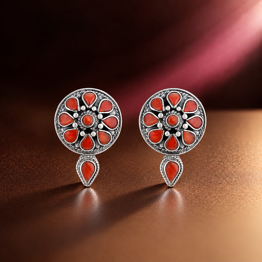 925 Sterling Silver Red Tear Motif Floral Shape Earrings For Women