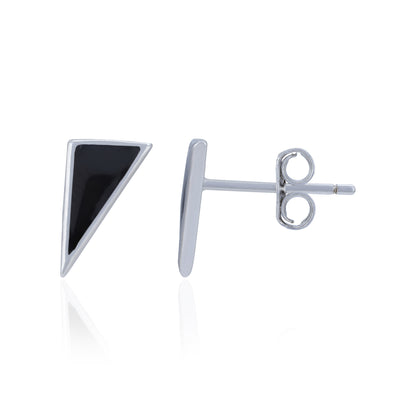 Silver earring with a black triangular stone on a white background