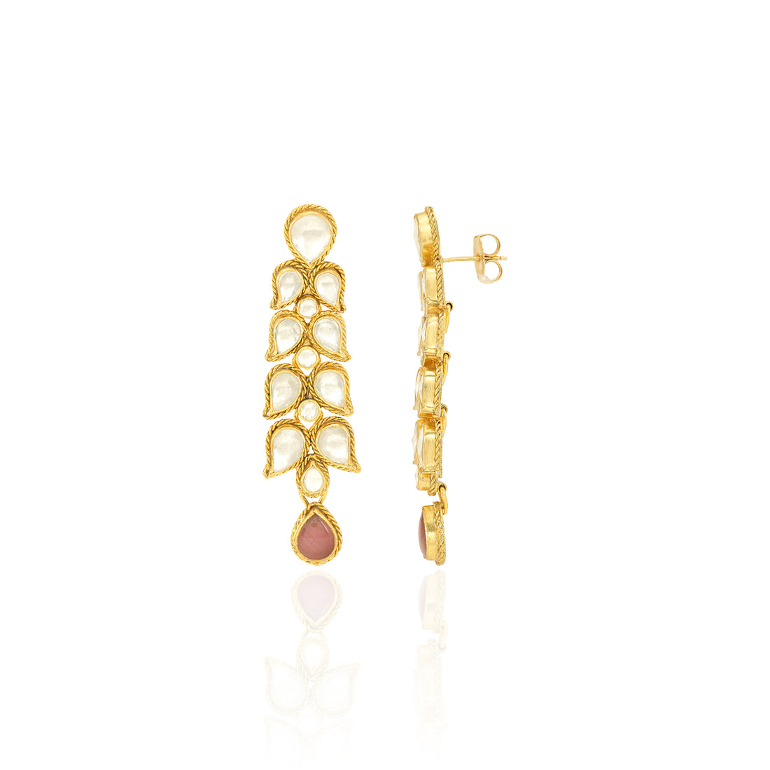 Gold earrings with a central pink gemstone on a white background