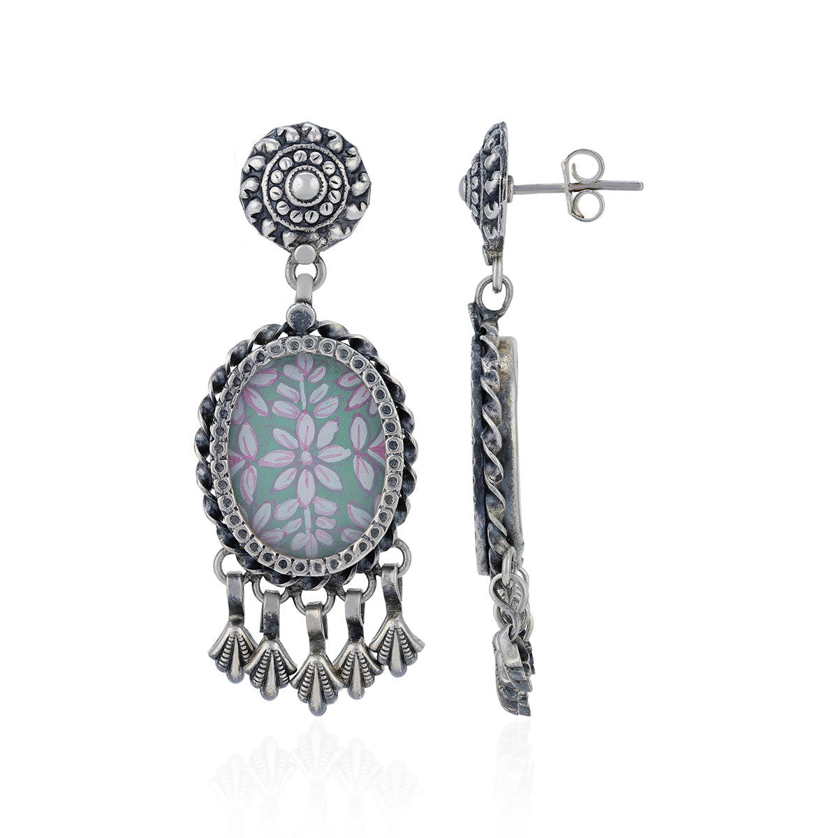 925 Sterling Silver Ethnic Floral Dangle Earrings for Women