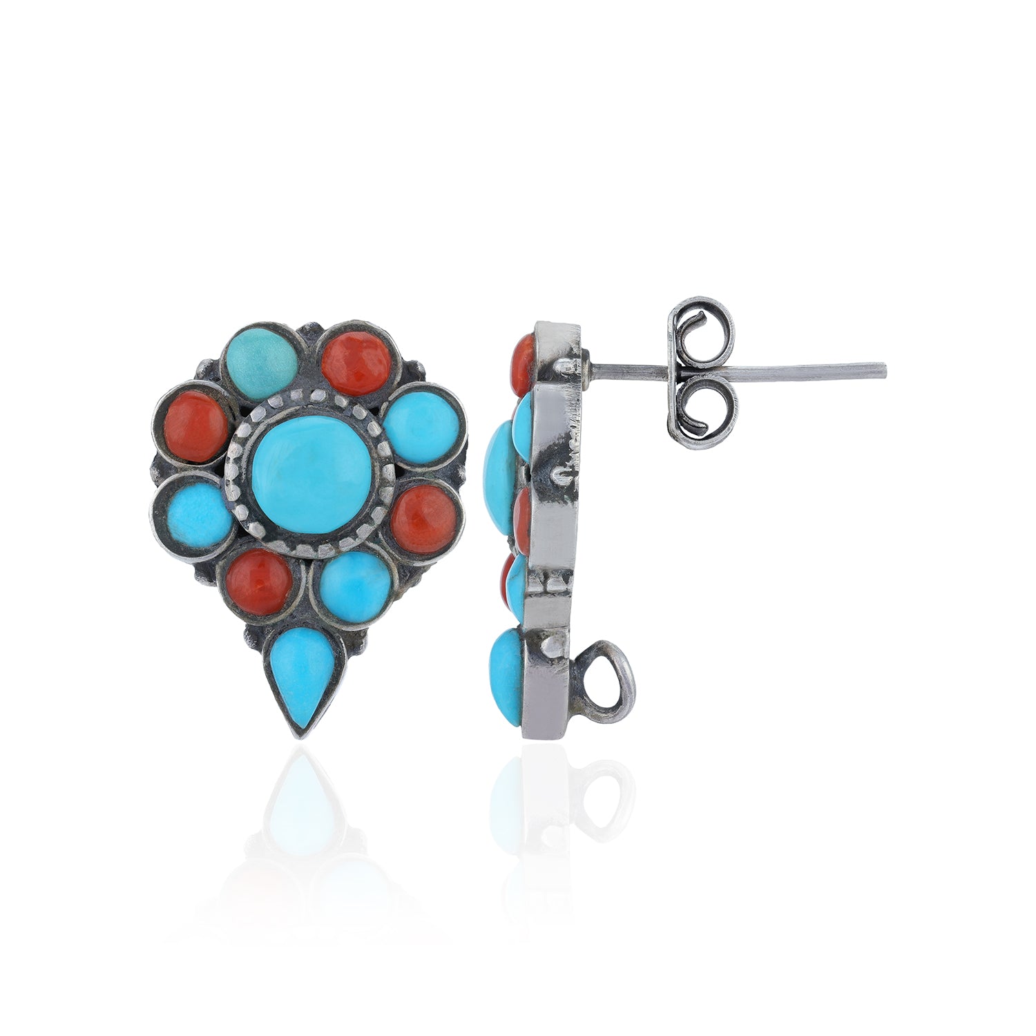 Turquoise and red stone earrings on a white background