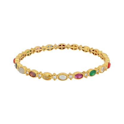 925 Sterling Silver Gold Plated Ellipse Navaratna Stone Bangle for Women