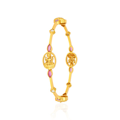 925 Sterling Silver Gold Plated Lakshmi Idol Pink Meenakari Leaf Accents Bangles for Women