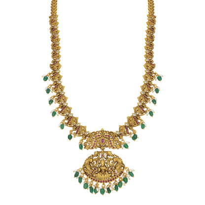 925 Sterling Silver Gold Plated Lakshmi Mayur Green Bead Haram for Women