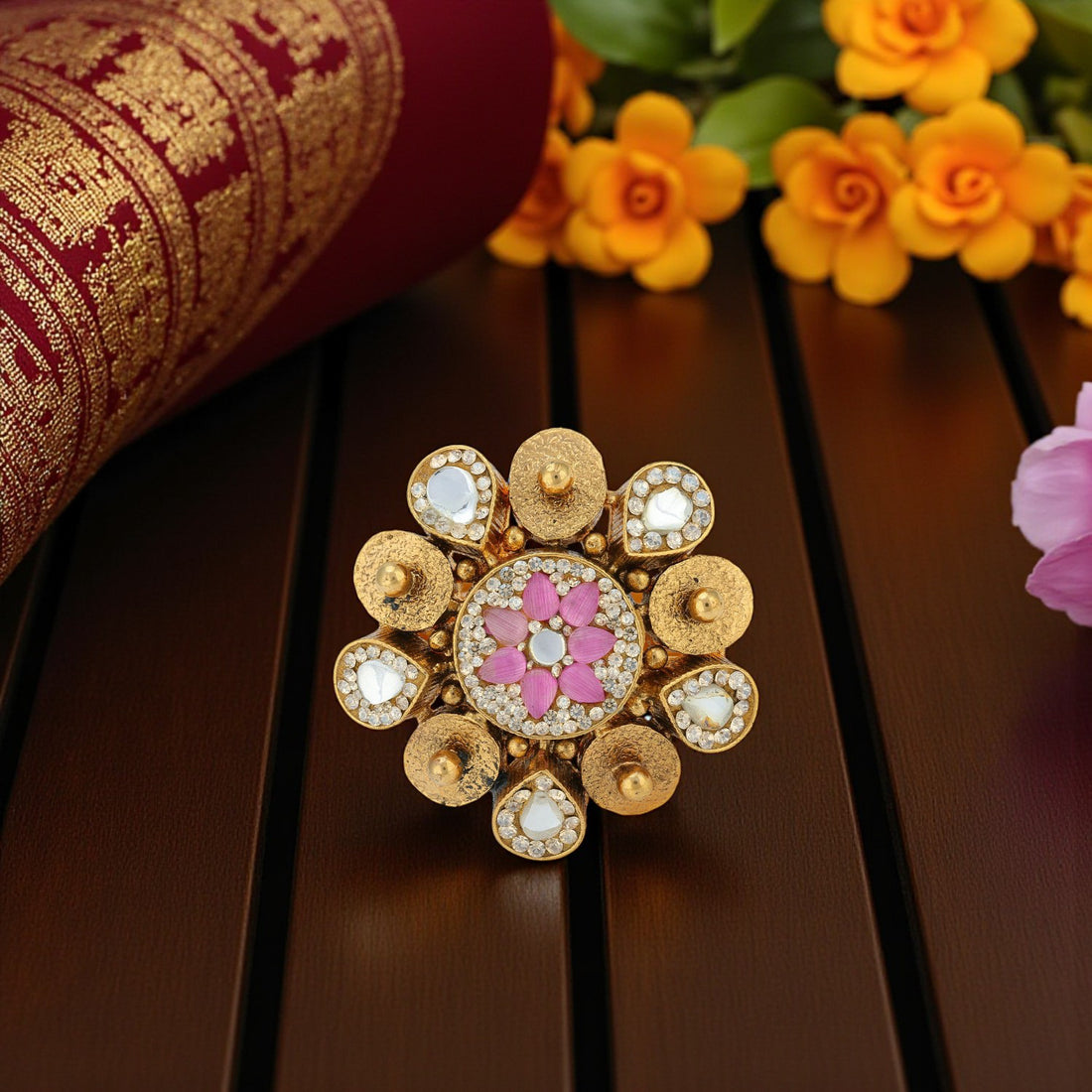 925 Sterling Silver Golden Petal Mirror Stone Ring for Women