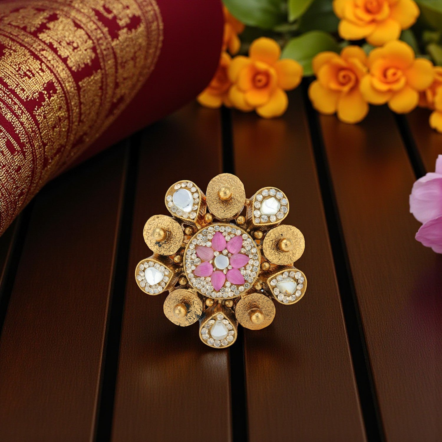925 Sterling Silver Golden Petal Mirror Stone Ring for Women