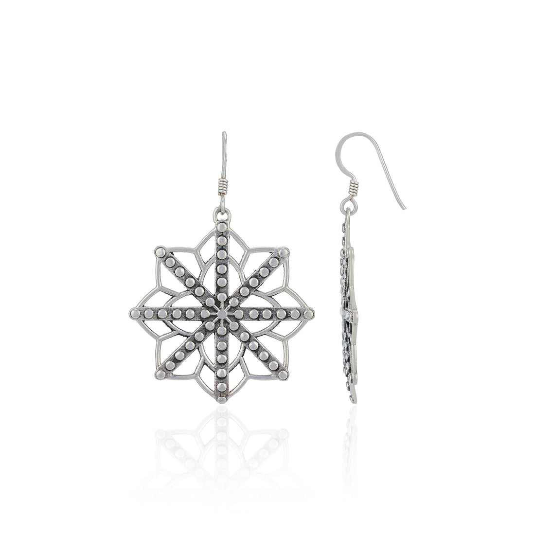 Silver snowflake-shaped earrings on a white background
