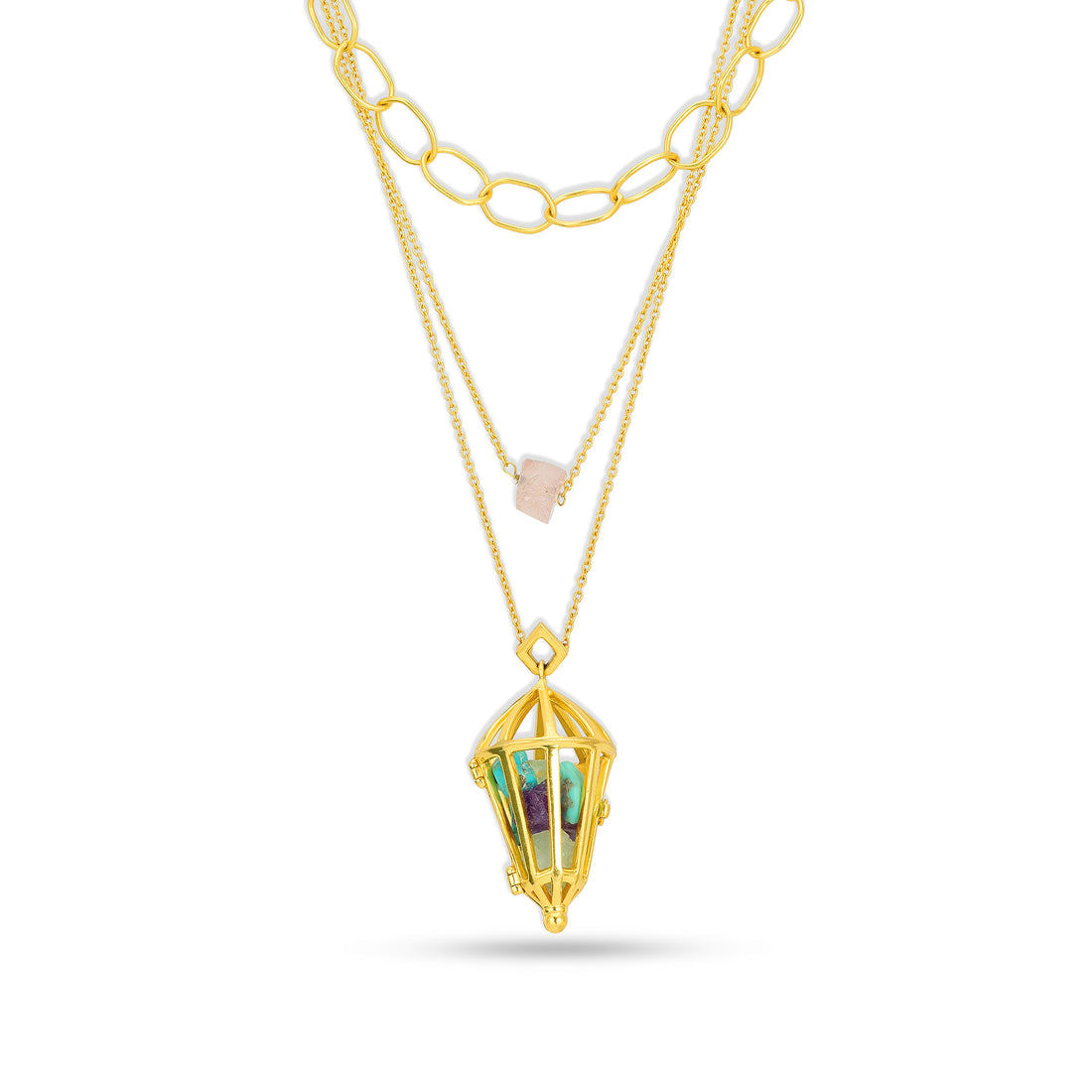 Gold necklace with a pendant on a white background