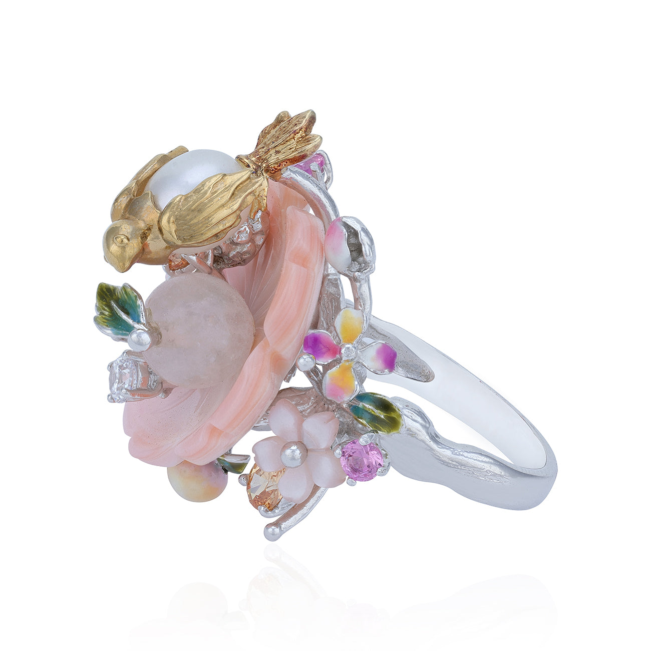 925 Sterling Silver Pink Bloom Bird Pearl Cluster Rings For Women
