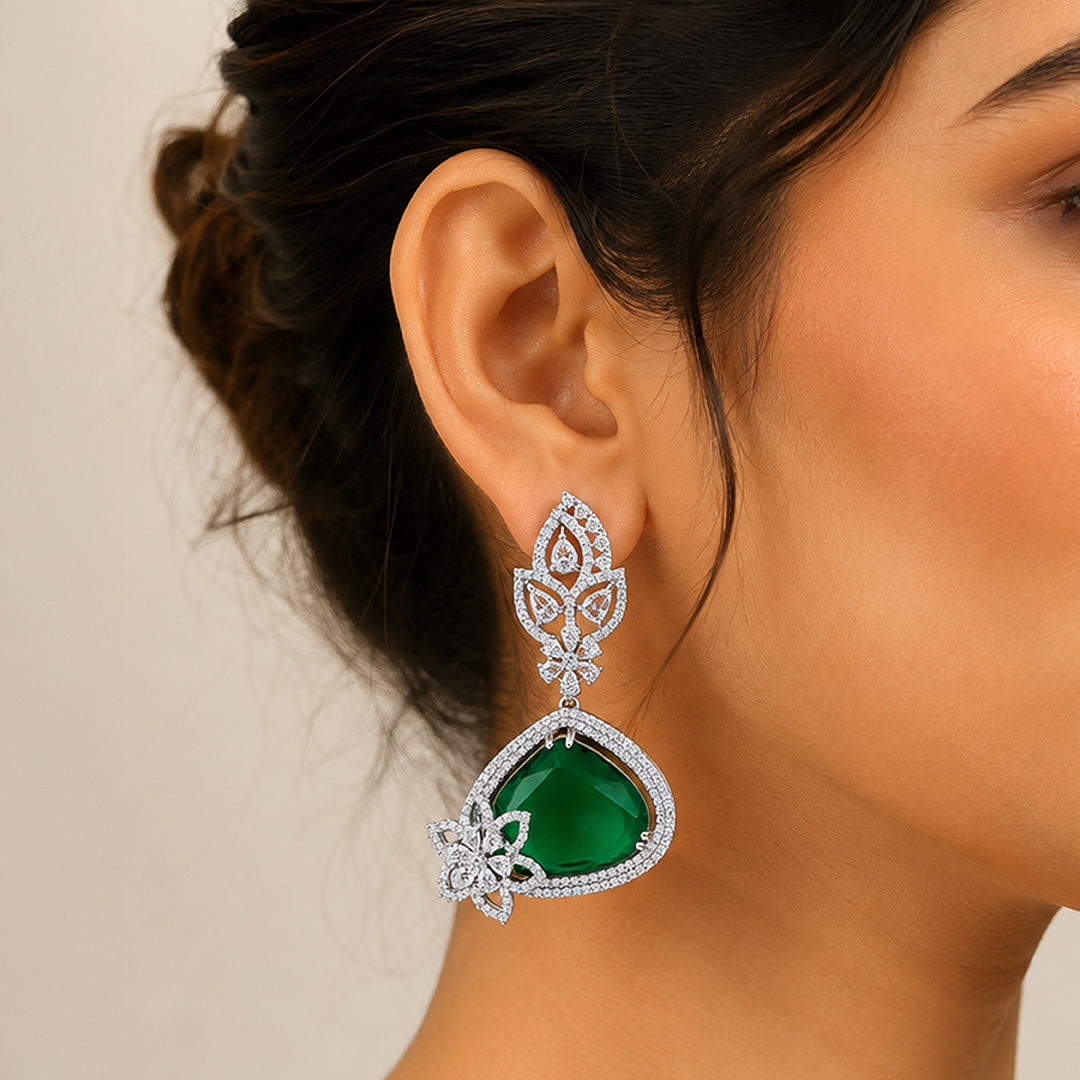 925 Sterling Silver Rhodium Green Earring
