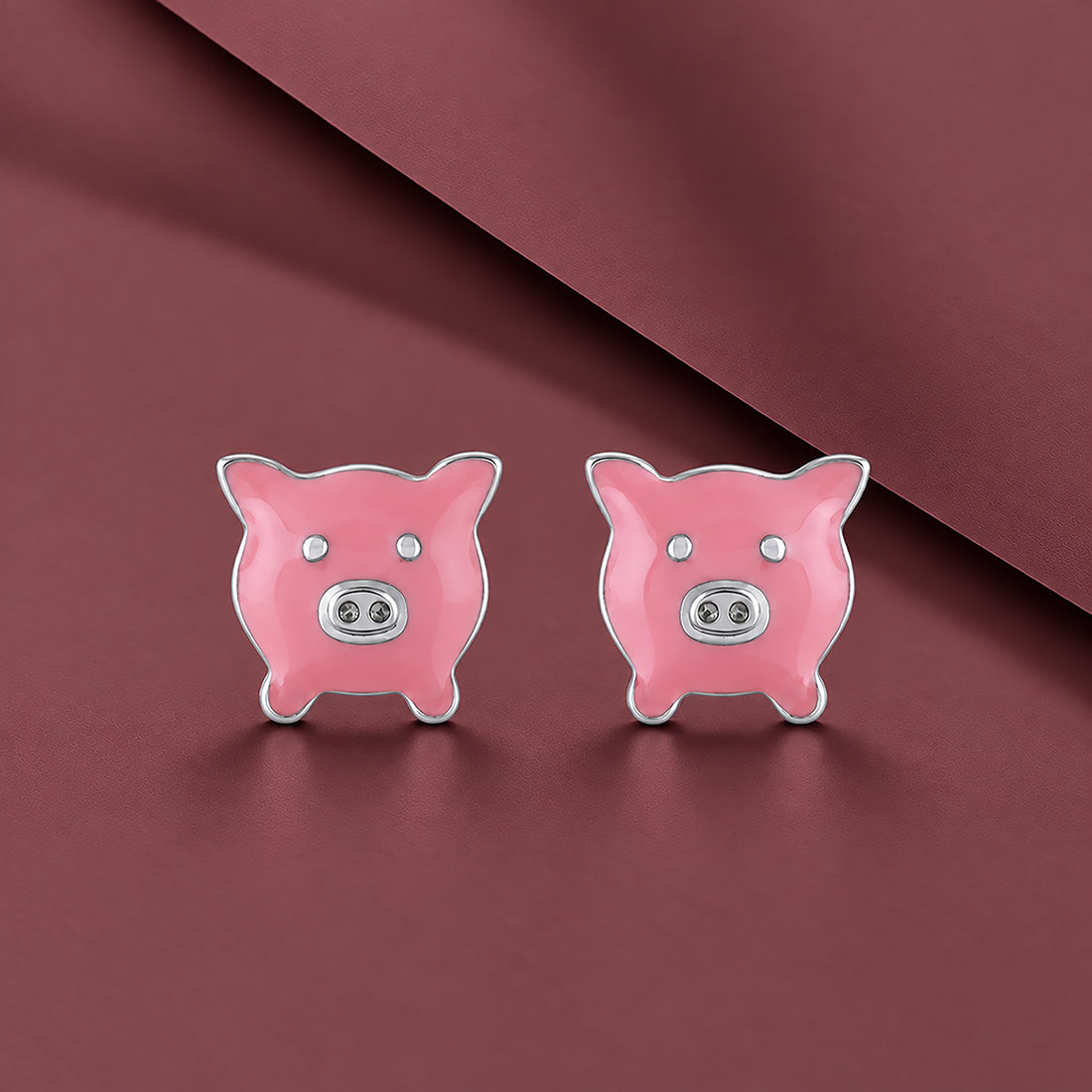 925 Sterling Silver Rhodium Plated Piggy Charm Stud For Kids