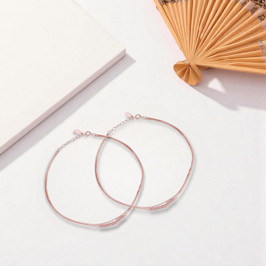 925 Sterling Silver Rose Gold Beadline Elegance Layered Anklets For Women