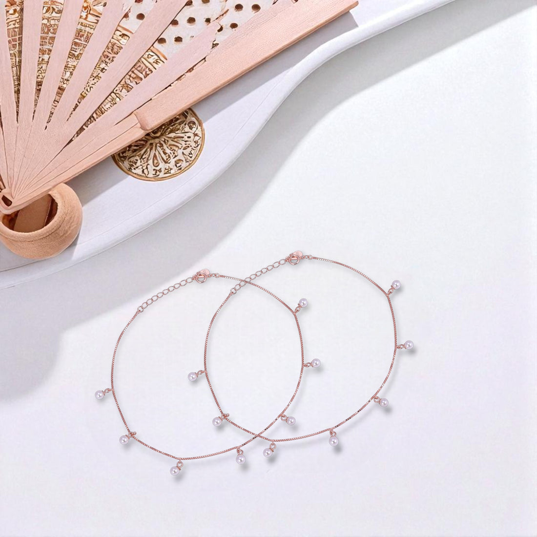 925 Sterling Silver Rose Gold Floating Pearl  Anklets For Women