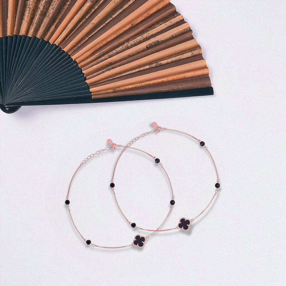925 Sterling Silver Rose Gold Obsidian Petal Anklets For Women