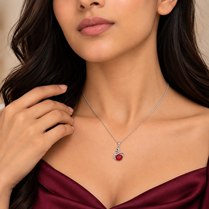 925 Sterling Silver Sculpted Swan Ruby Center Oval Chain Pendant for Women