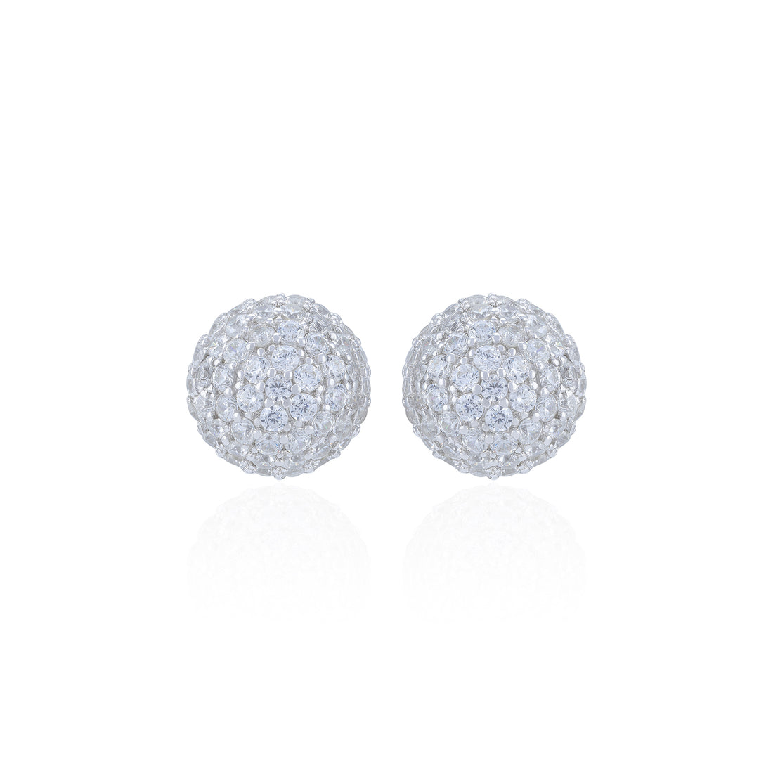 Pair of silver spherical earrings on a white background