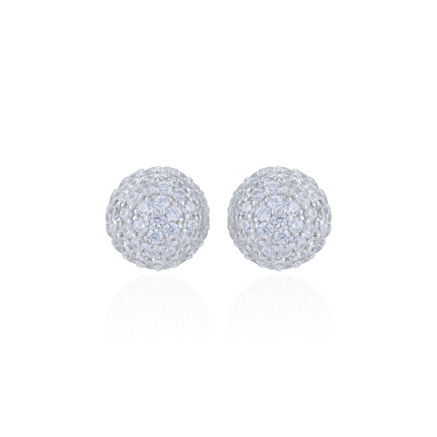 Pair of silver spherical earrings on a white background