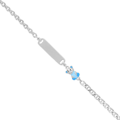 925 Sterling Silver Blue Teddy Bear Nameplate Bracelet for Women