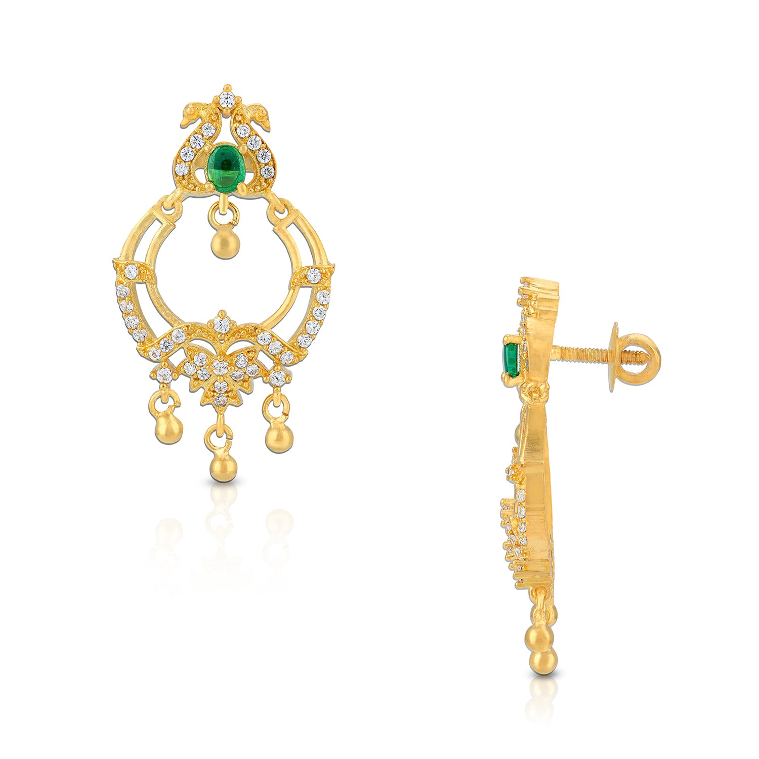Gold earrings with green gemstones on a white background