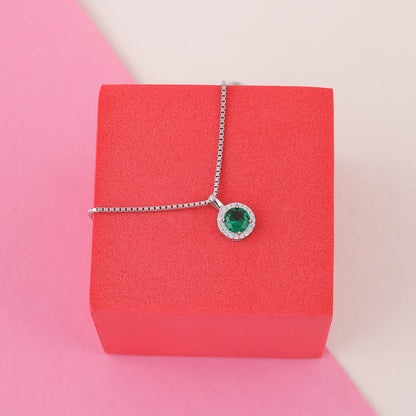 925 Sterling Silver May Month Circle Emerald Pendant Chain, Earrings, and Ring For Women