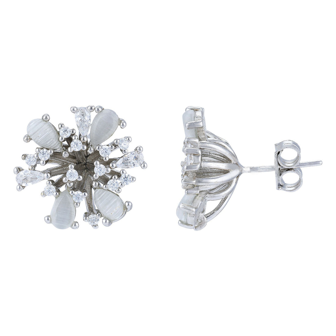 925 Sterling Silver Radiant Bloom Frosted Petal Sparkle Rhodium Plated Earrings for Women
