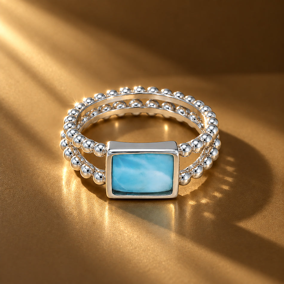 925 Sterling Silver Box-Cut Larimar  Beaded Shank Ring for Women