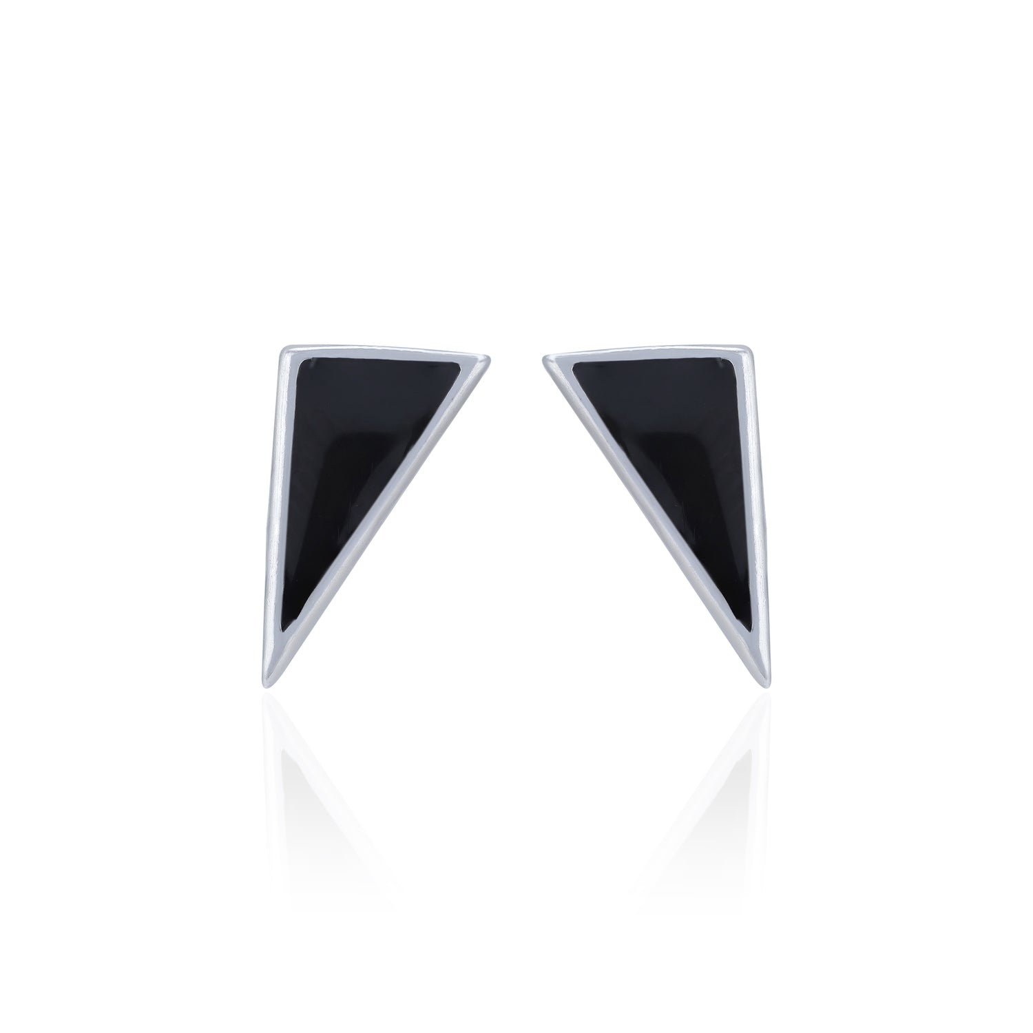 Pair of triangular earrings with black centers on a white background