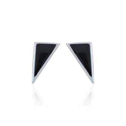 Pair of triangular earrings with black centers on a white background