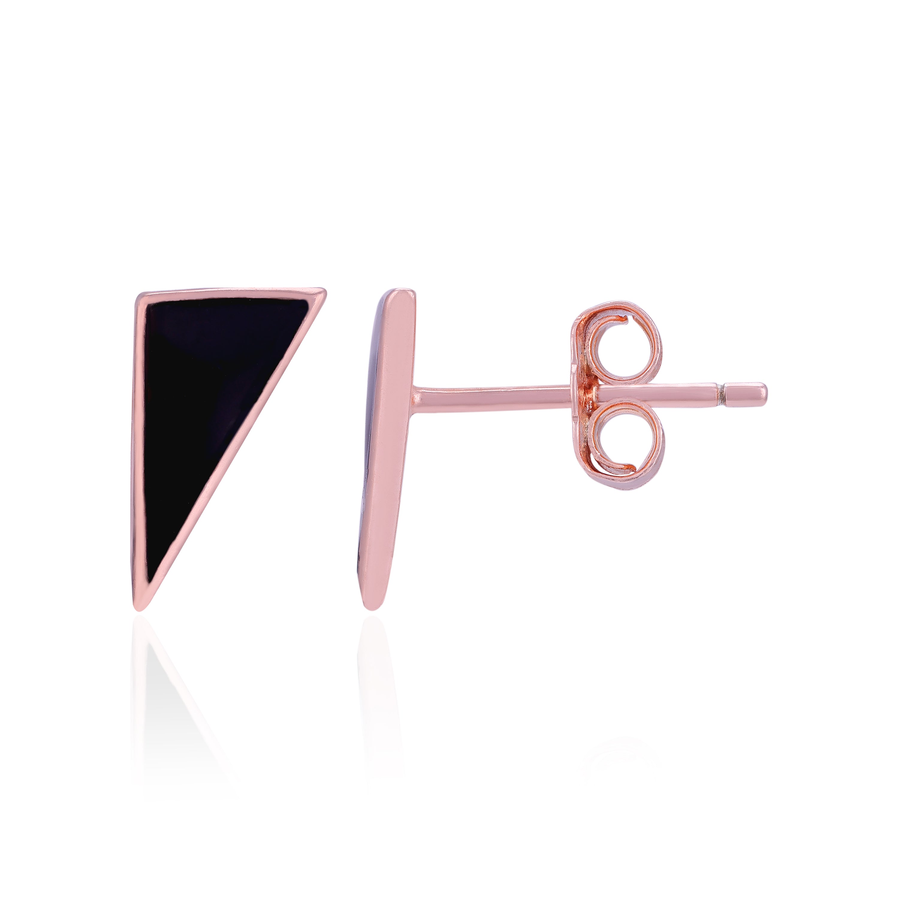 Rose gold earrings with black triangle design on a white background