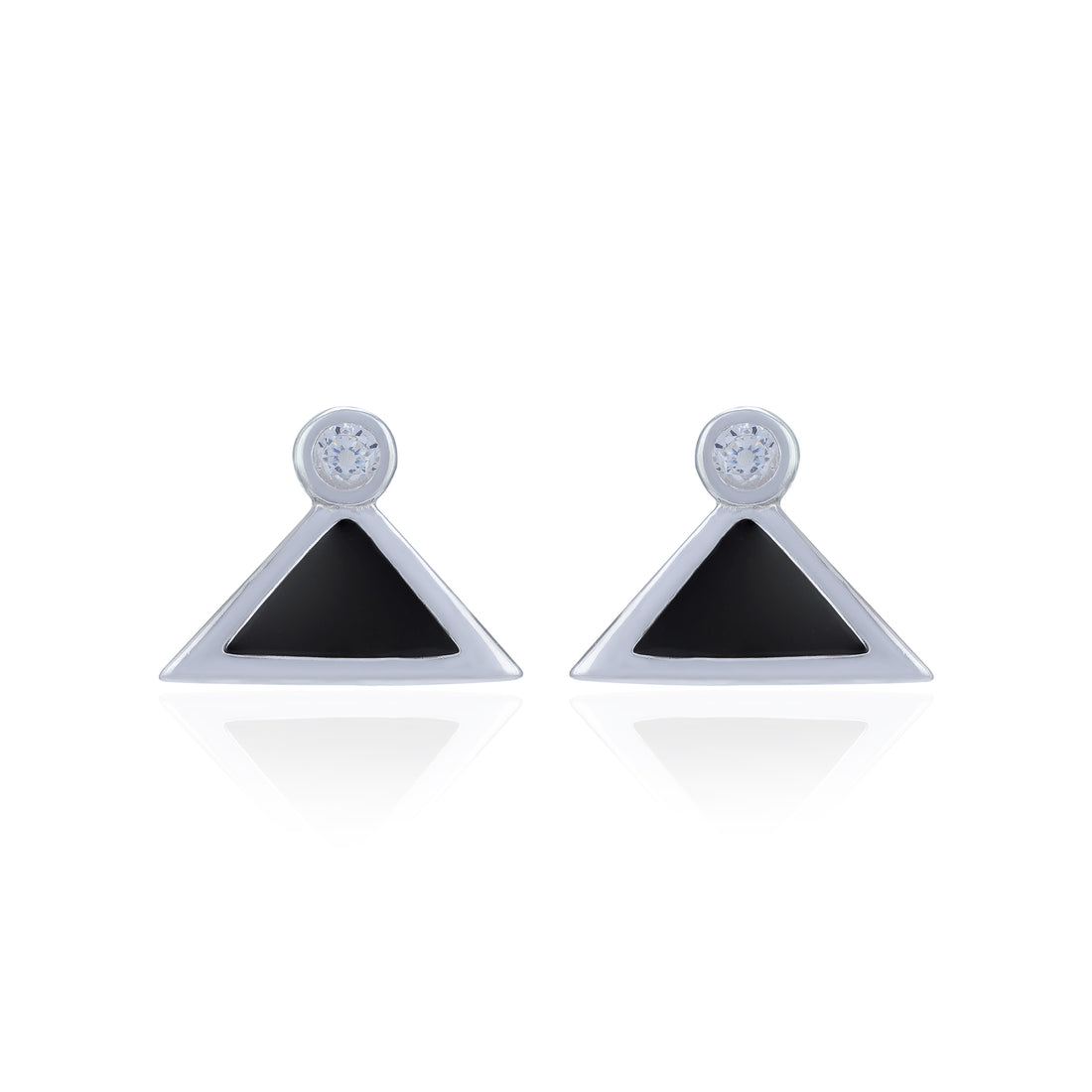 Pair of earrings with black triangular stones on a white background