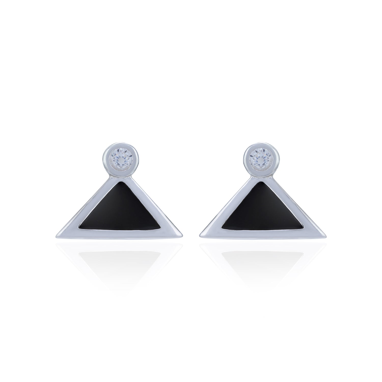 Pair of earrings with black triangular stones on a white background
