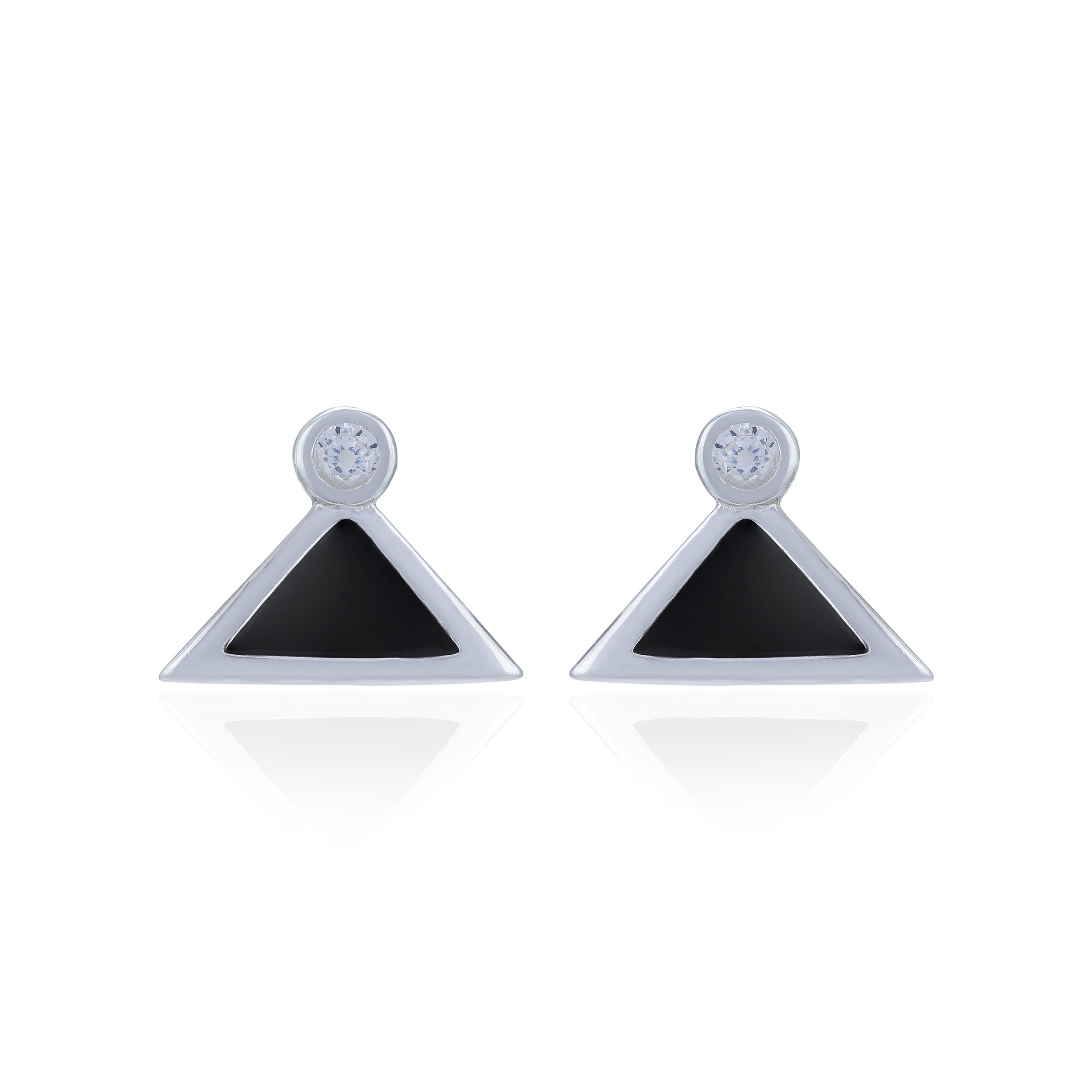 Pair of earrings with black triangular stones on a white background
