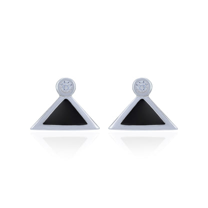 Pair of earrings with black triangular stones on a white background