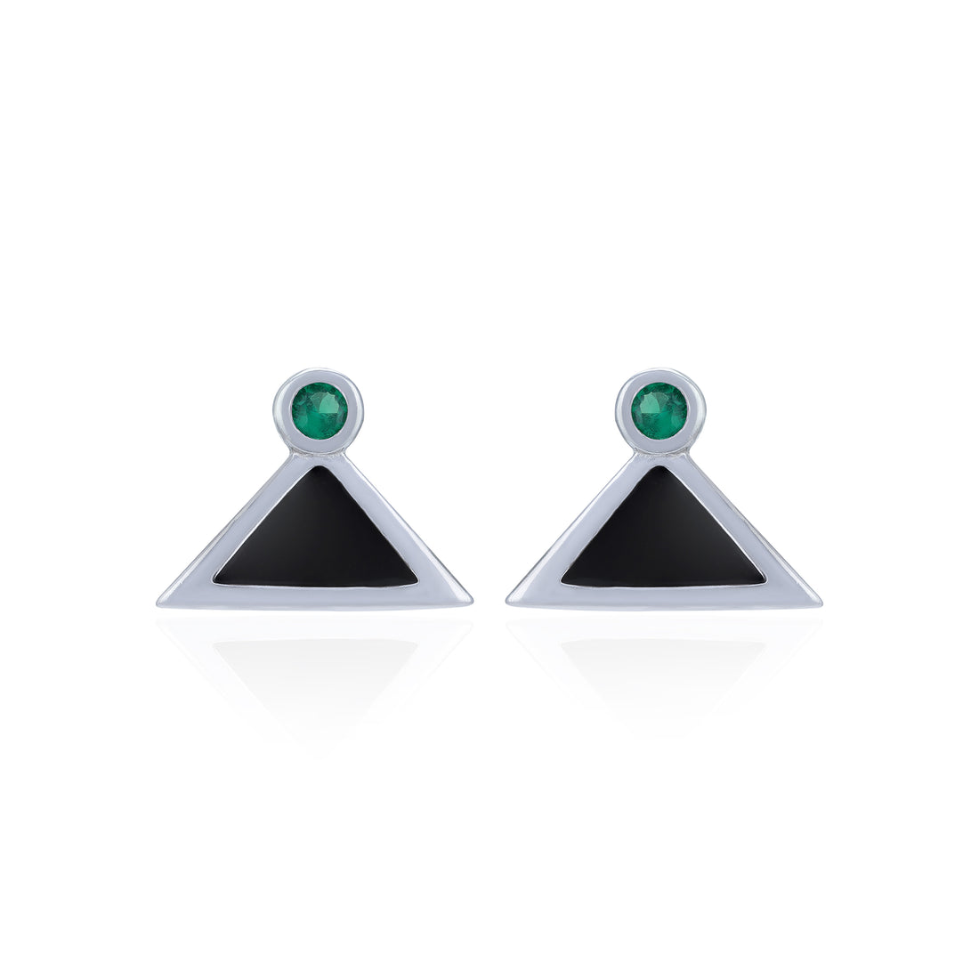 Pair of earrings with triangular black stones and green gemstones on a white background